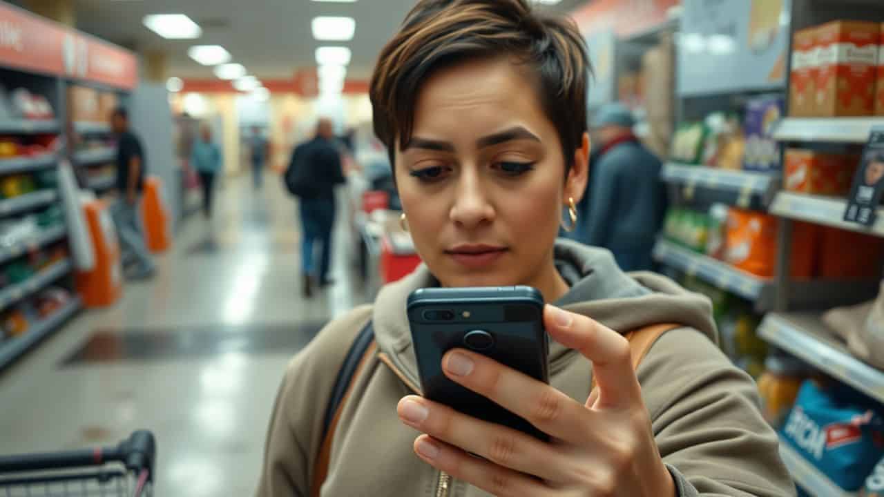 A person in their 30s holding a smartphone in a store.