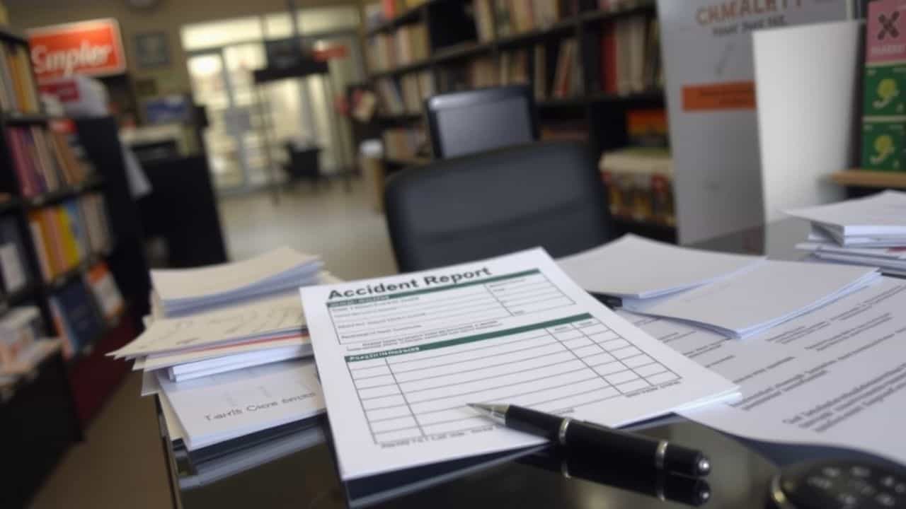 A completed accident report form on a cluttered desk in a store.