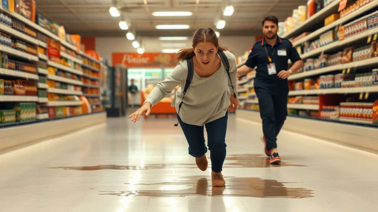 A woman slips on wet floor with no warning signs.