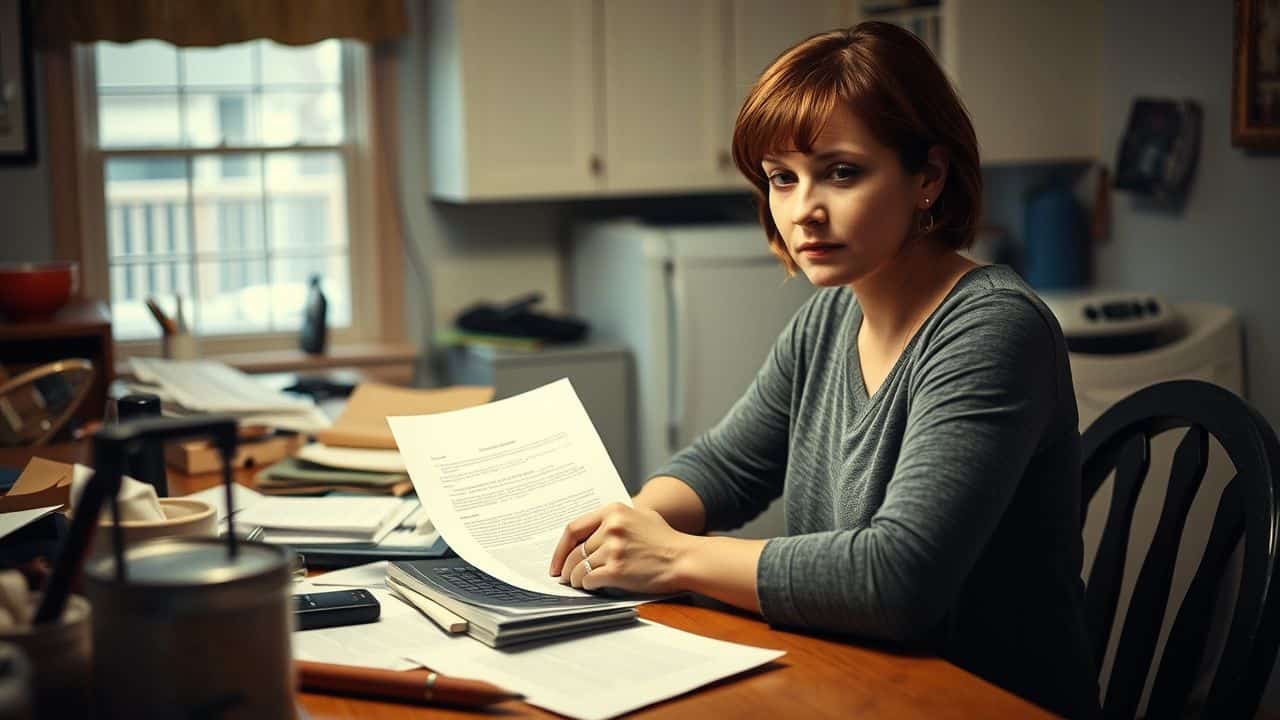 A woman in her 30s filling out legal documents at a cluttered kitchen table.