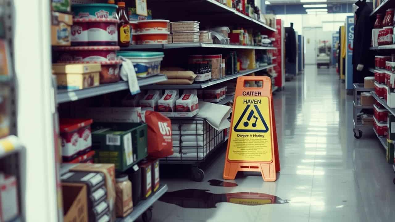 A cluttered store aisle with a spilled floor and wet floor sign.