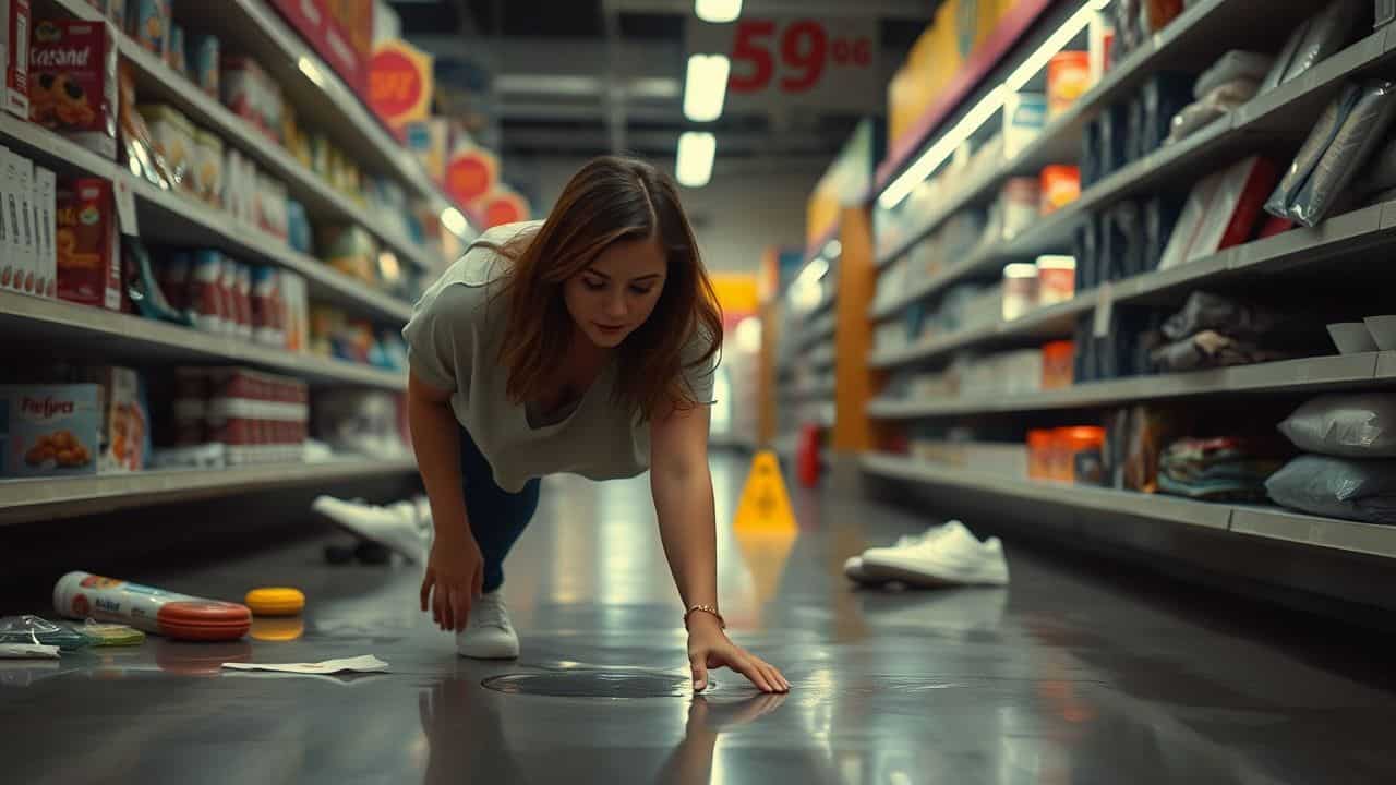 A woman slipping on a wet, debris-strewn floor in a retail store.