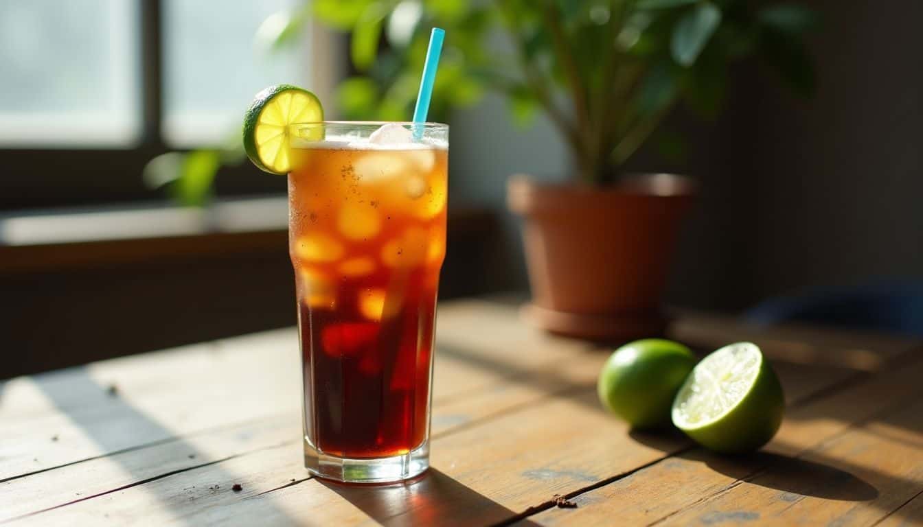 A glass of Dirty Diet Coke with a lime on a wooden table.