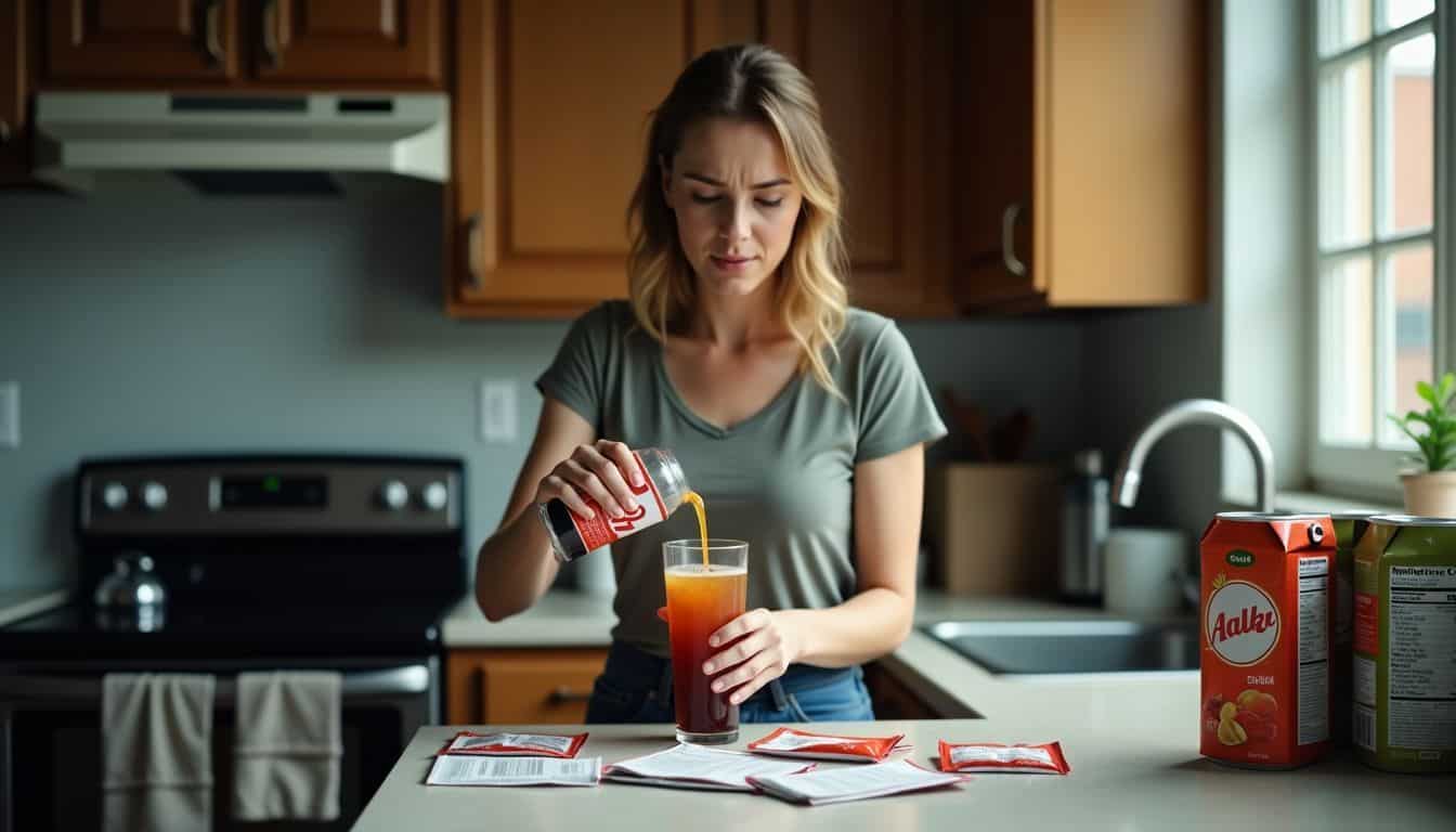 Person pouring diet soda into glass with concern over high sugar content.