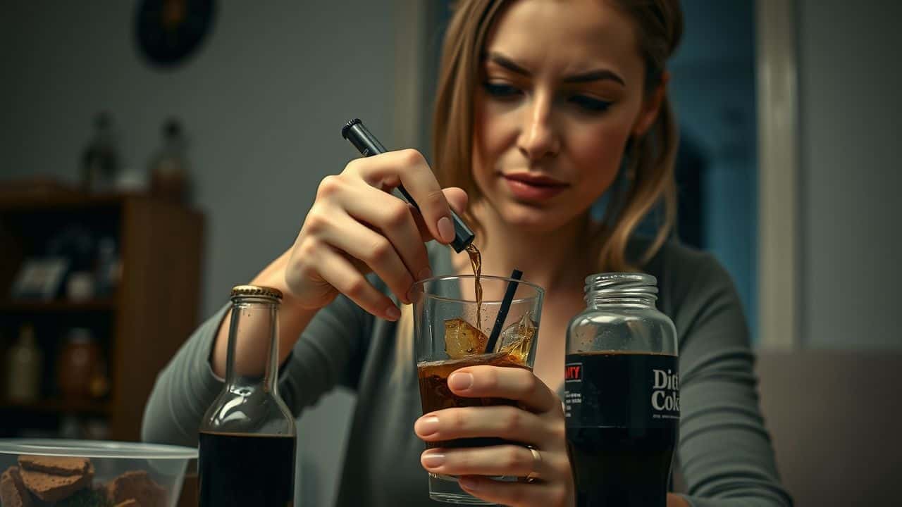 A woman in her 30s preparing a Dirty Diet Coke at home.