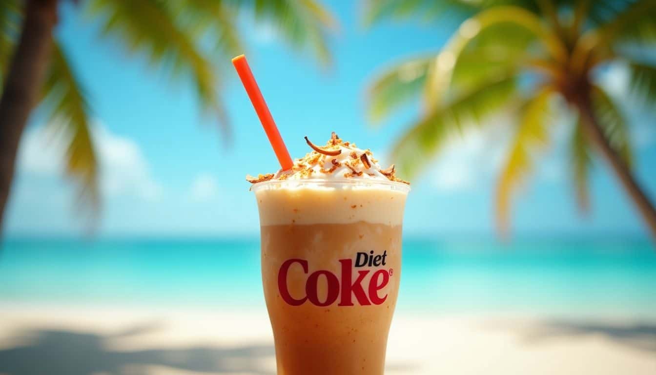 A refreshing Dirty Diet Coke with coconut shavings on a tropical beach.