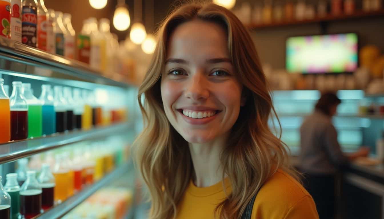 A young woman explores a colorful soda shop with unique flavors.