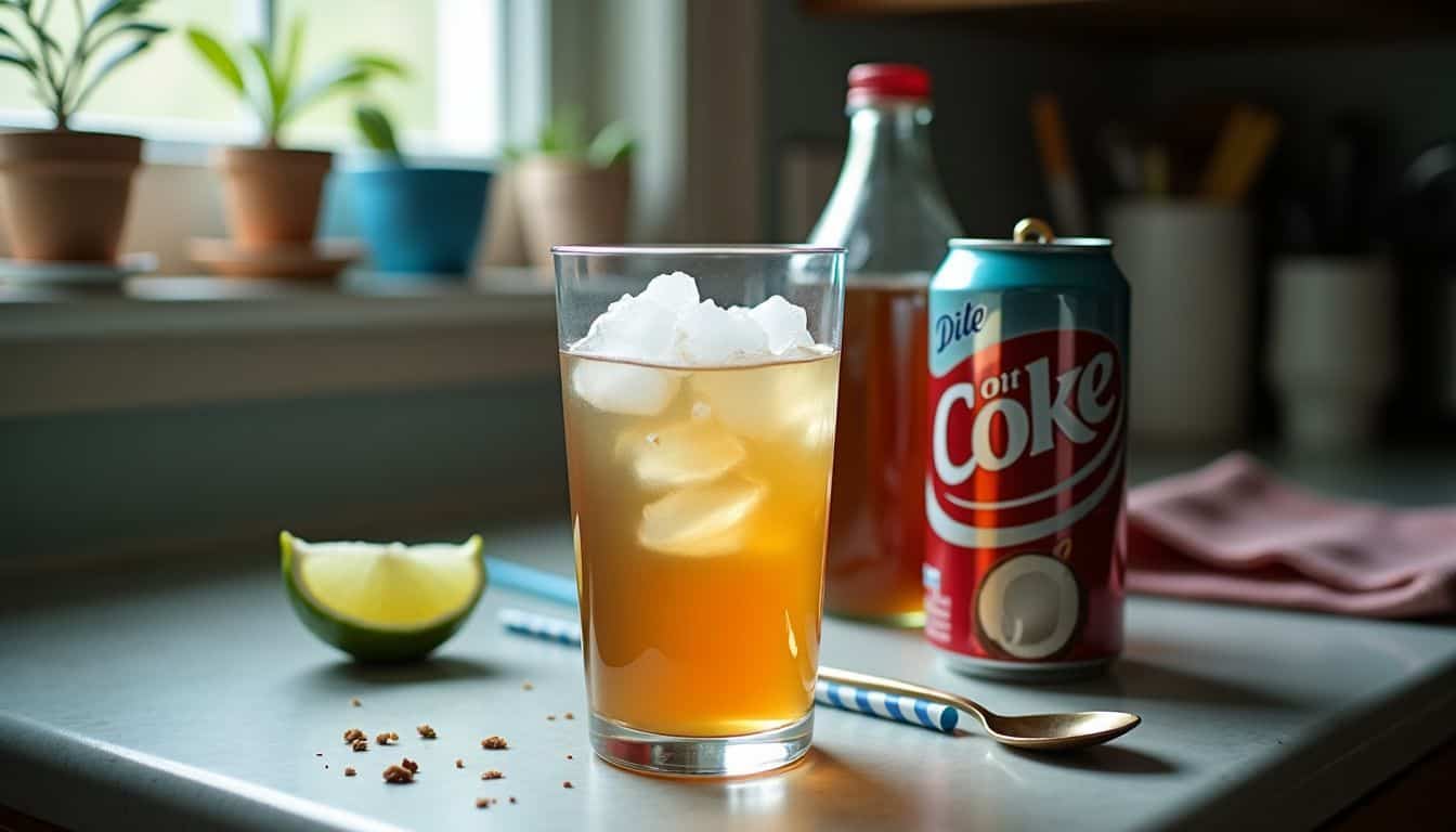 A messy kitchen counter with a glass of fizzy drink and clutter.