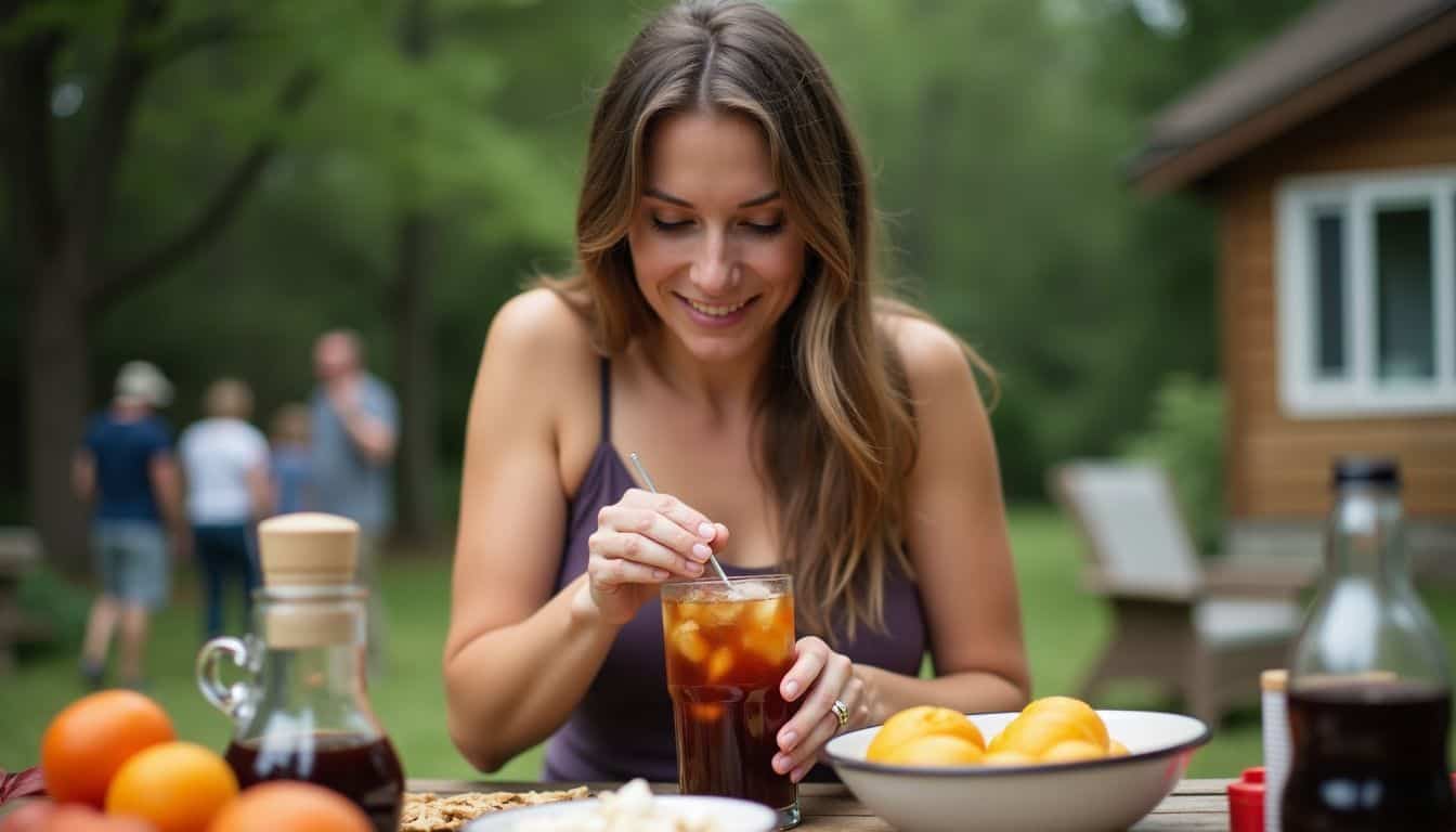 A woman in her 30s prepares a Dirty Diet Coke at a backyard barbecue.