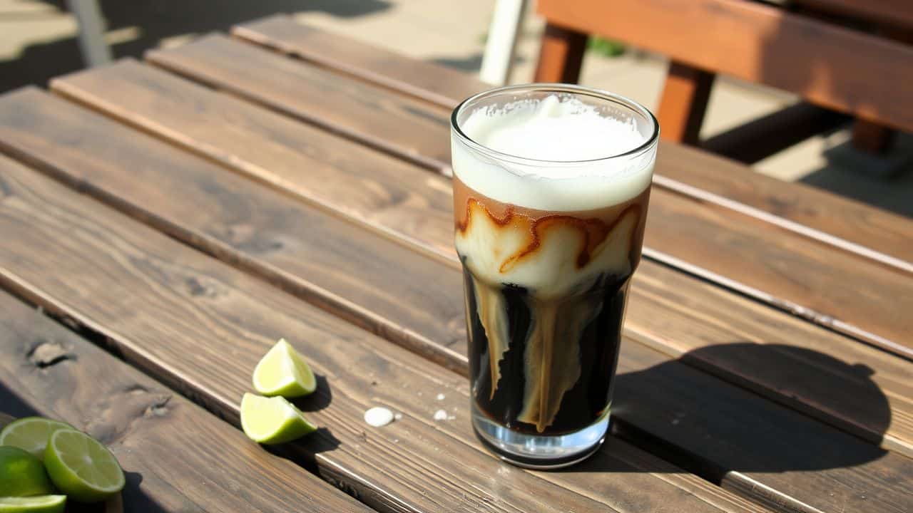 A glass of frothy Diet Coke with coconut syrup and lime slices.