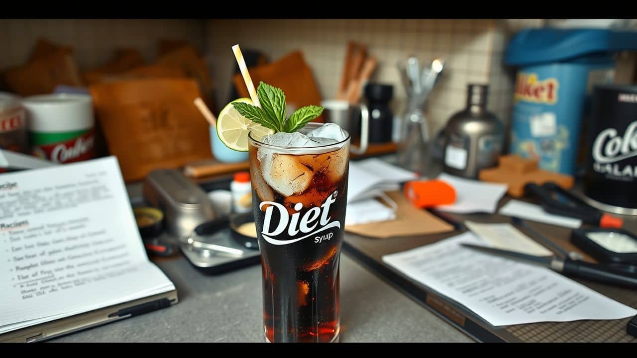 A cluttered kitchen counter with a glass of decorated Diet Coke.