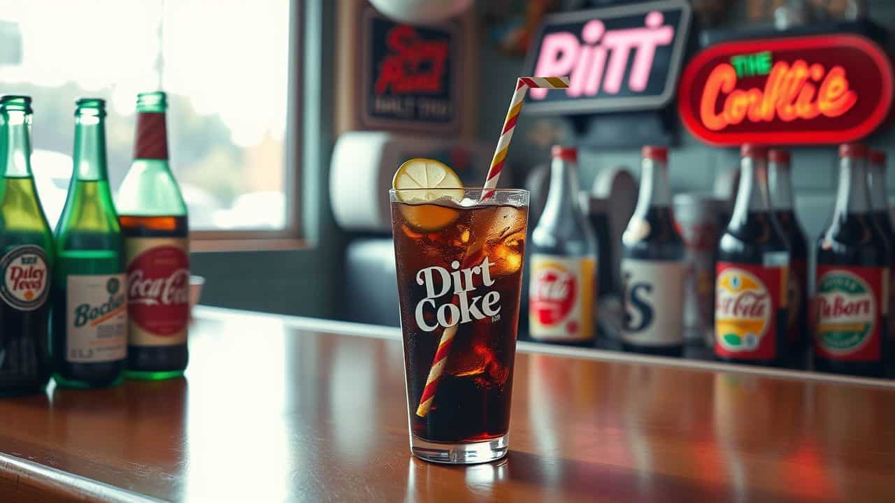 A glass of Dirty Diet Coke sits on a vintage soda shop counter.