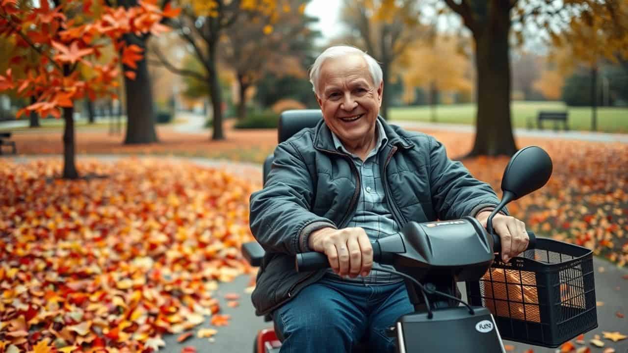 An elderly man rides a Rascal scooter through a park.