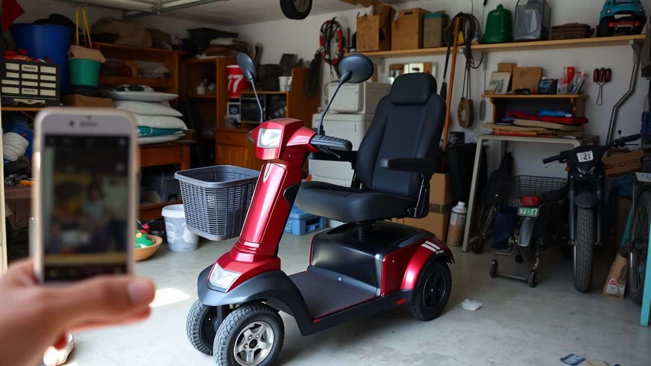 A Rascal 600 Series mobility scooter parked in a cluttered garage.