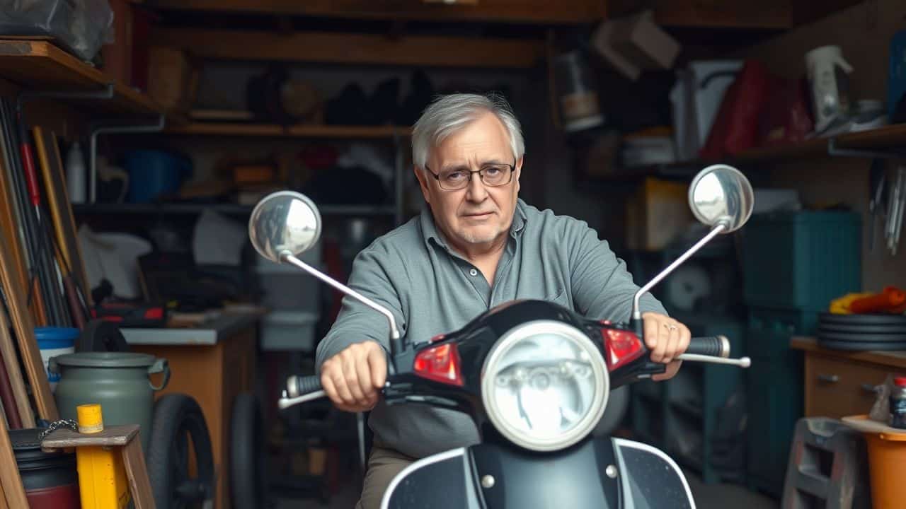 A middle-aged man is working on his Rascal scooter in a cluttered garage.