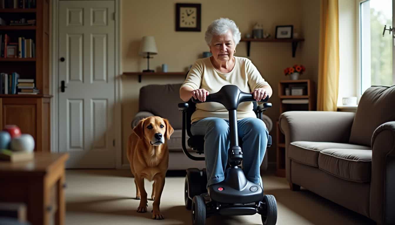 An elderly woman navigates a Rascal scooter in her home.