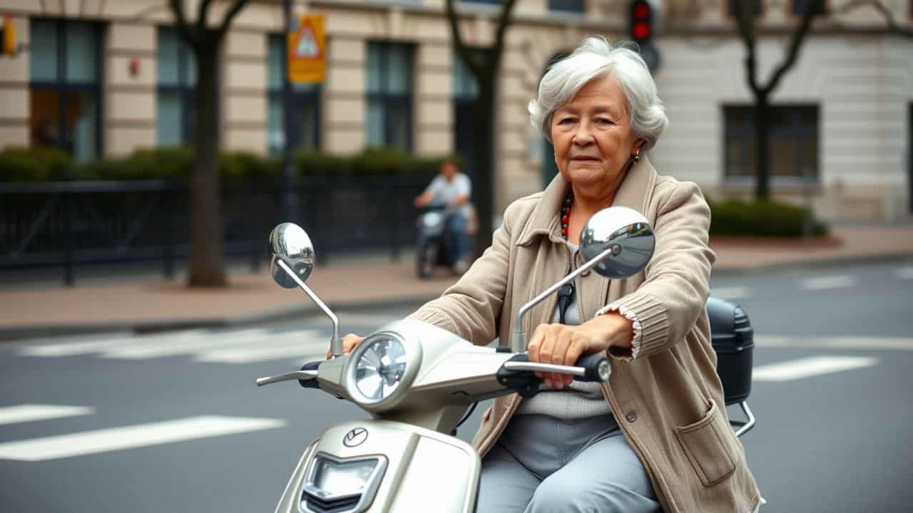 Elderly woman confidently rides Rascal scooter in city streets.