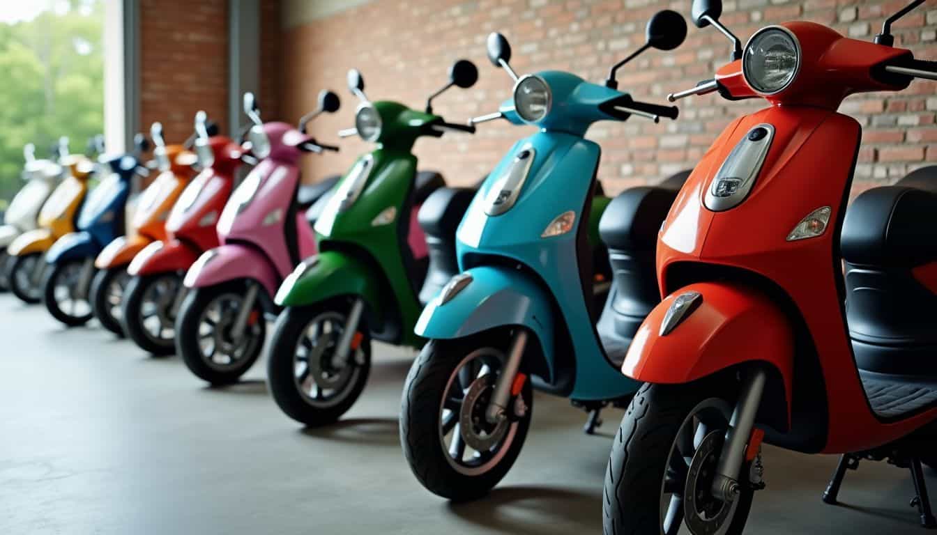 A row of Rascal scooters of different sizes and designs in a garage.