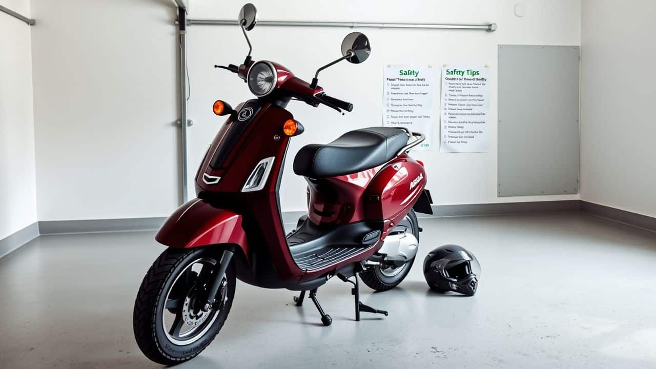 A Rascal Scooter parked in a garage with safety measures.