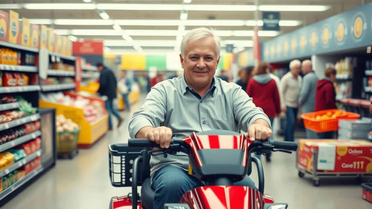 An older person riding a red scooter in a grocery store.