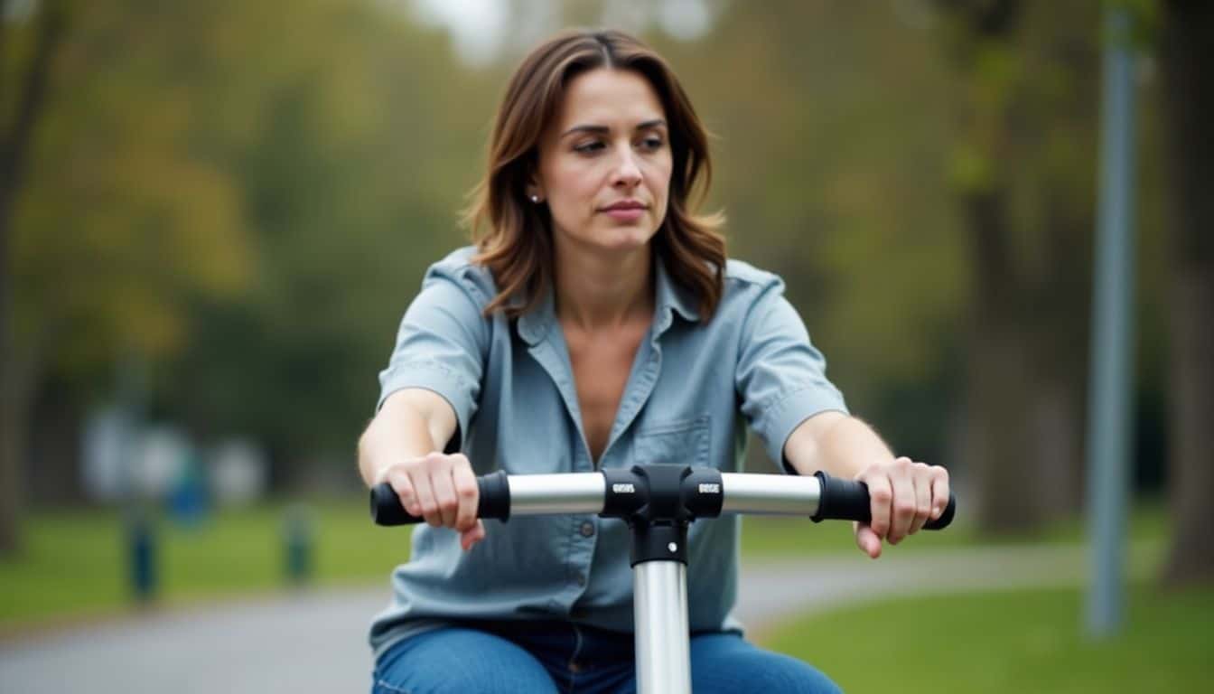 A person riding a Rascal scooter in a city park.