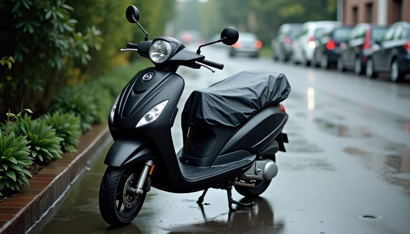 A parked Rascal scooter covered in waterproof cover in light rain.