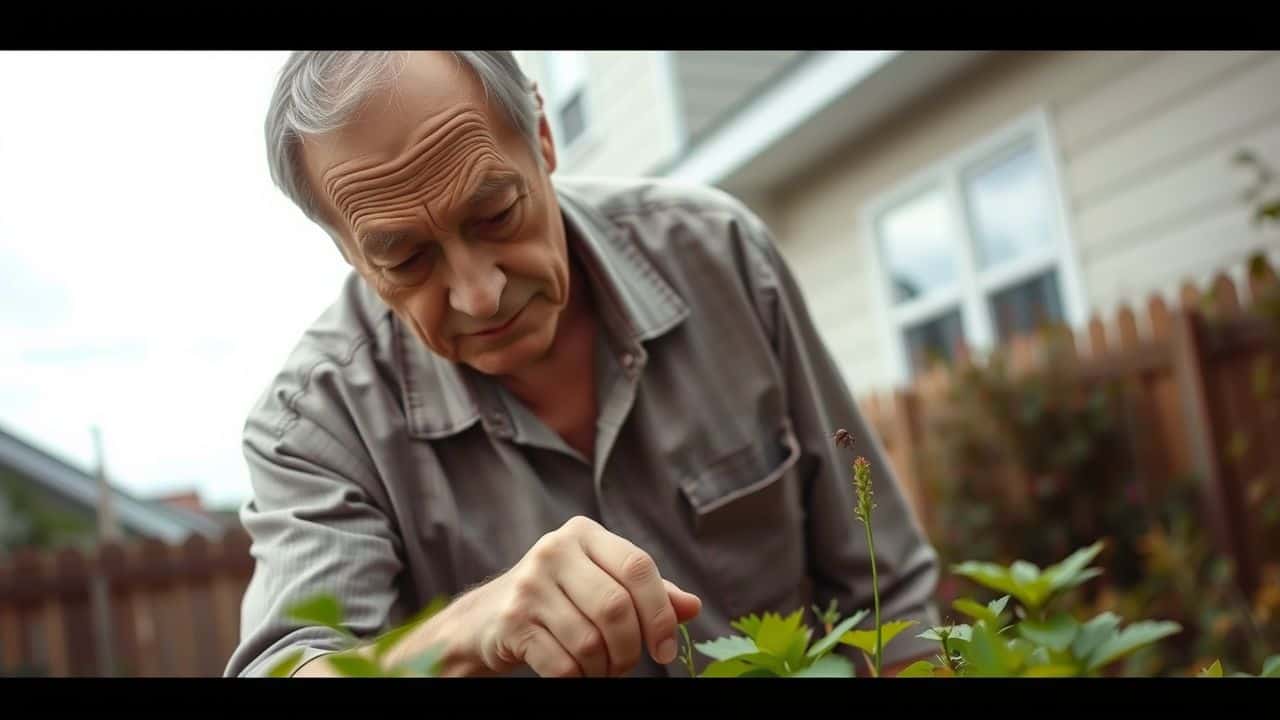 An older homeowner inspects their backyard garden for pests in the morning.