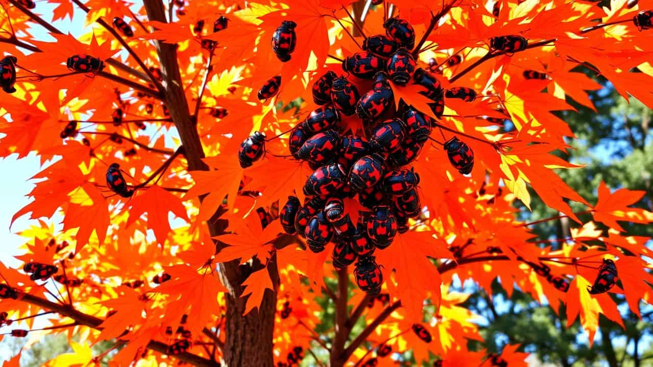 A close-up photo of orange maple tree infested with boxelder bugs.