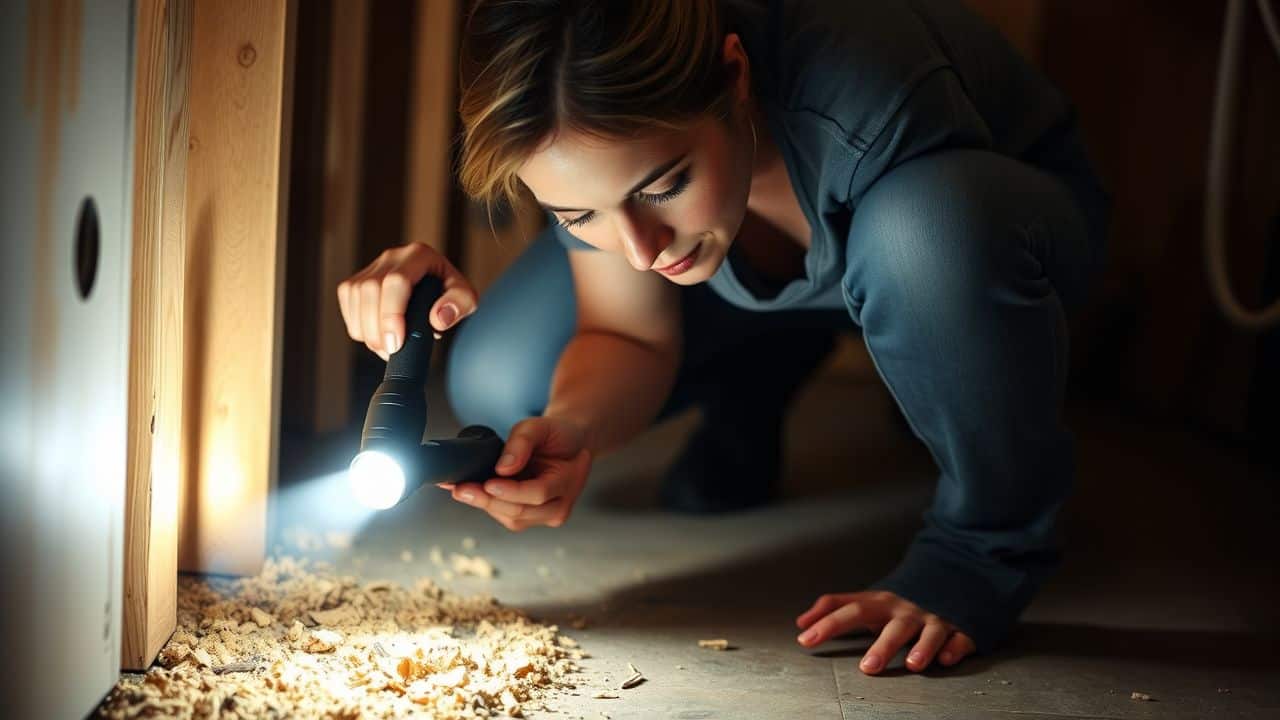 A homeowner inspects shed for termite damage using a flashlight.