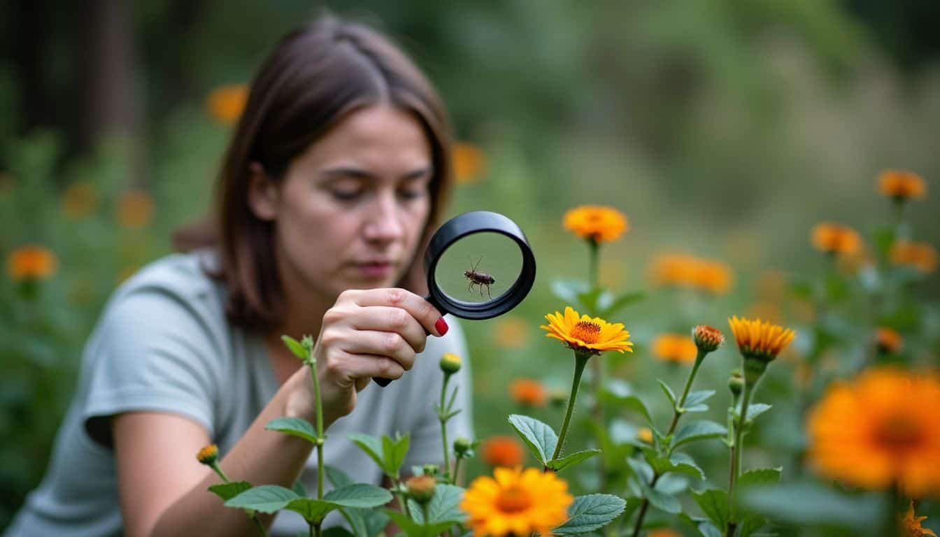 Person inspecting garden for pests using magnifying glass.