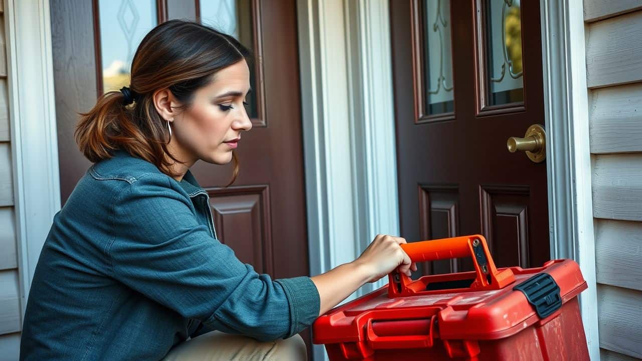 A woman installs door sweeps to prevent pests in her home.