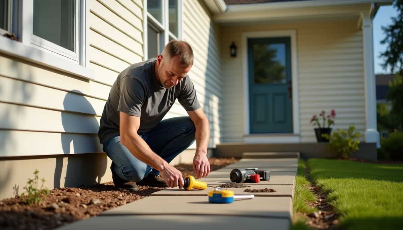 A middle-aged homeowner seals cracks around his house during spring.