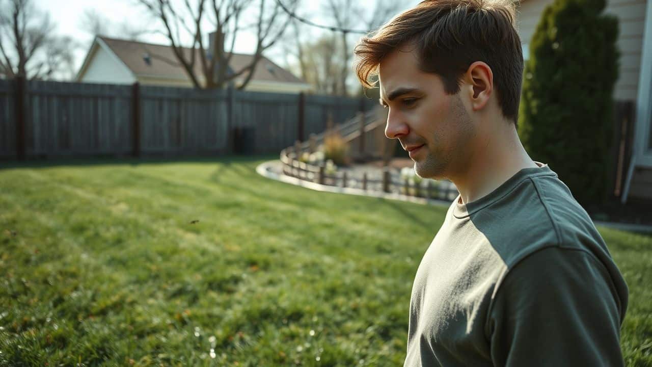 A person observes ants in their backyard during early spring.