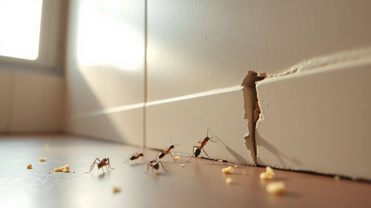 A line of ants marching toward a crack in a kitchen wall.