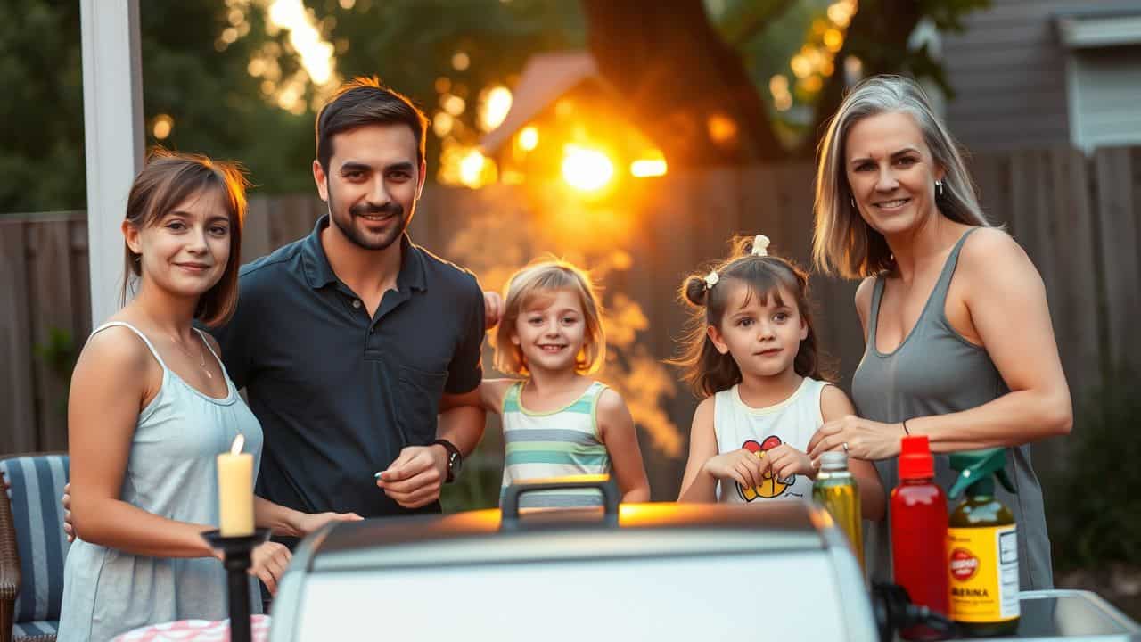 A family of four having a casual backyard barbecue at sunset.