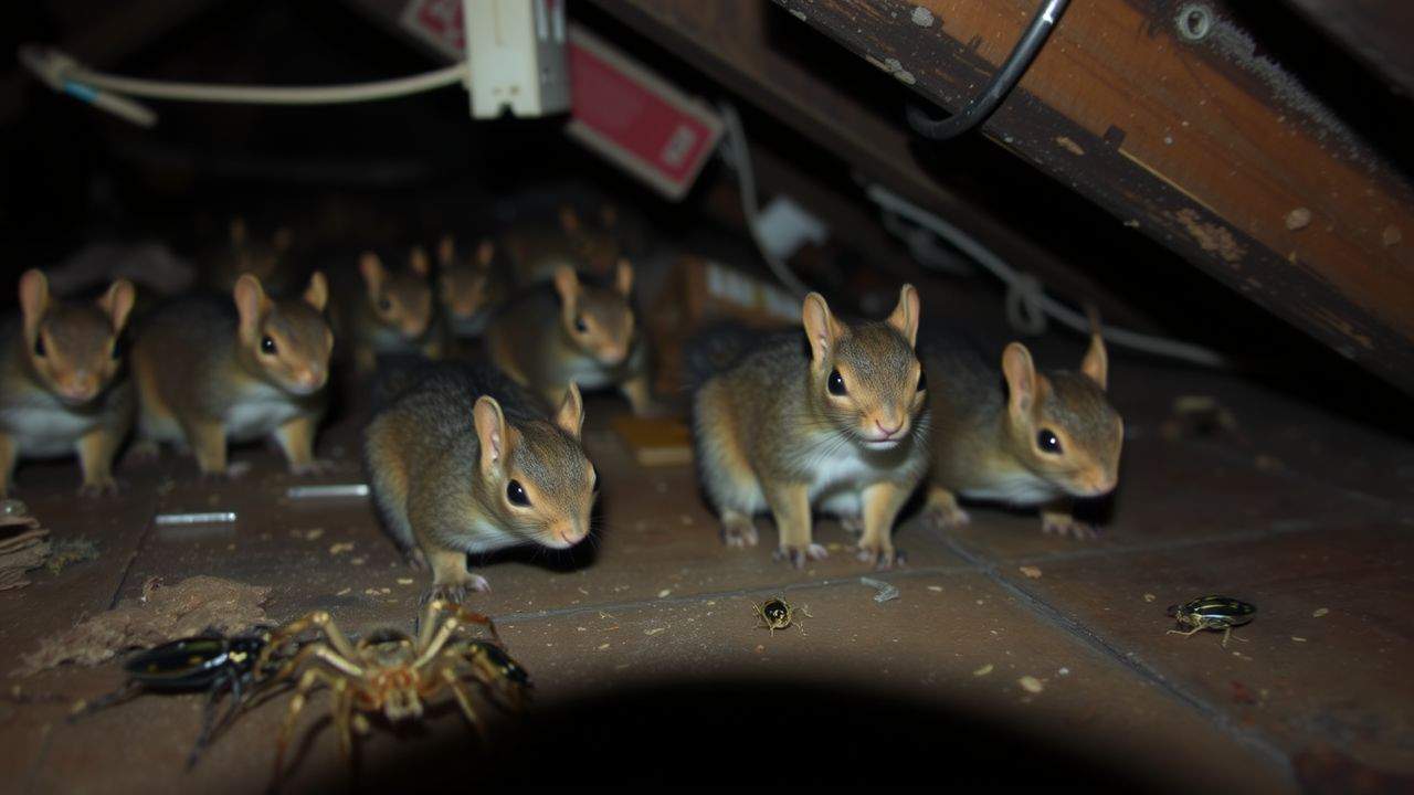 An attic infested with winter pests such as squirrels, spiders, and stink bugs.