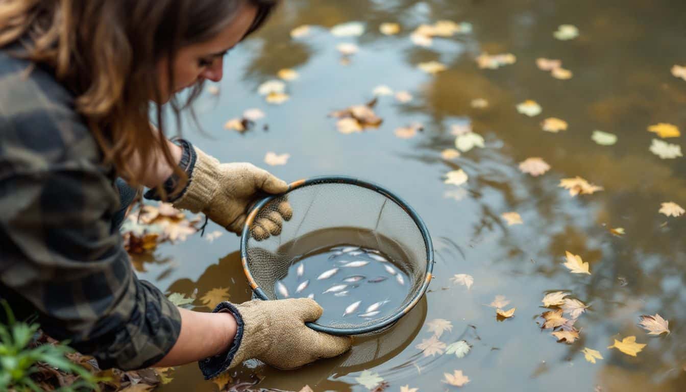 A person is catching small fish in a muddy pond using a net.