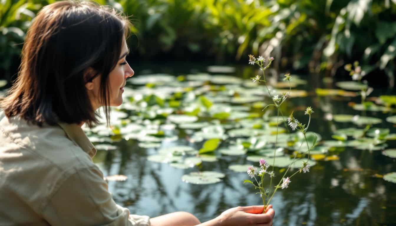 A person peacefully observes lush floating plants in a tranquil pond.