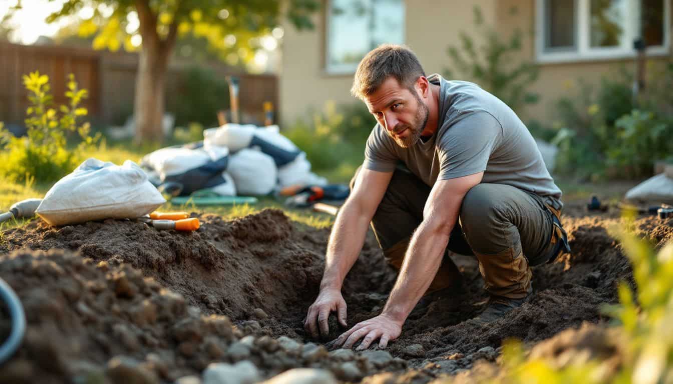 A man in his 40s is digging a backyard pond.