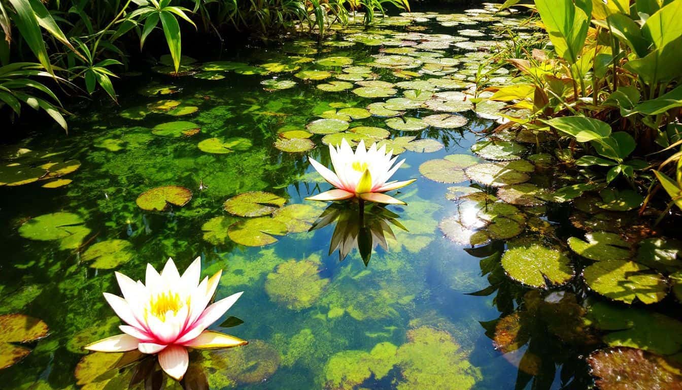 A serene water garden with vibrant aquatic plants and floating lilies.