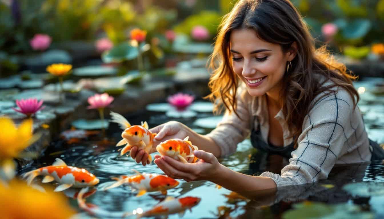 A woman gently releases colorful koi fish into a water garden.