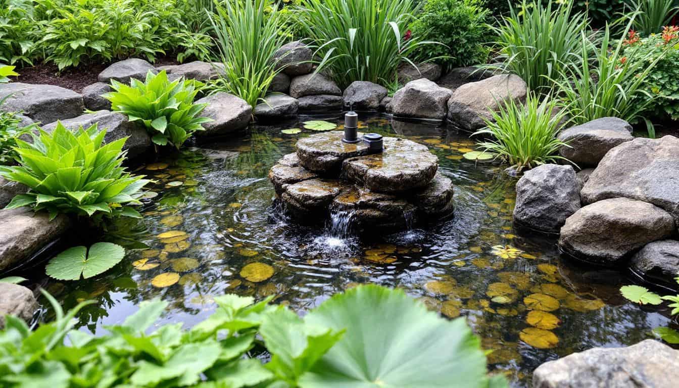 A serene backyard water garden with pump, water feature, and plants.