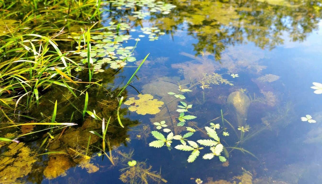 A serene pond with oxygenating plants creating a healthy fish habitat.