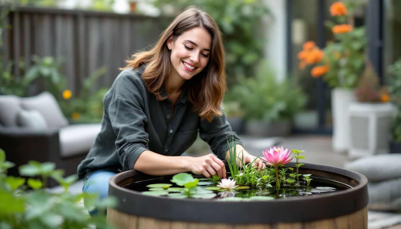 A young woman setting up a water garden in her backyard.