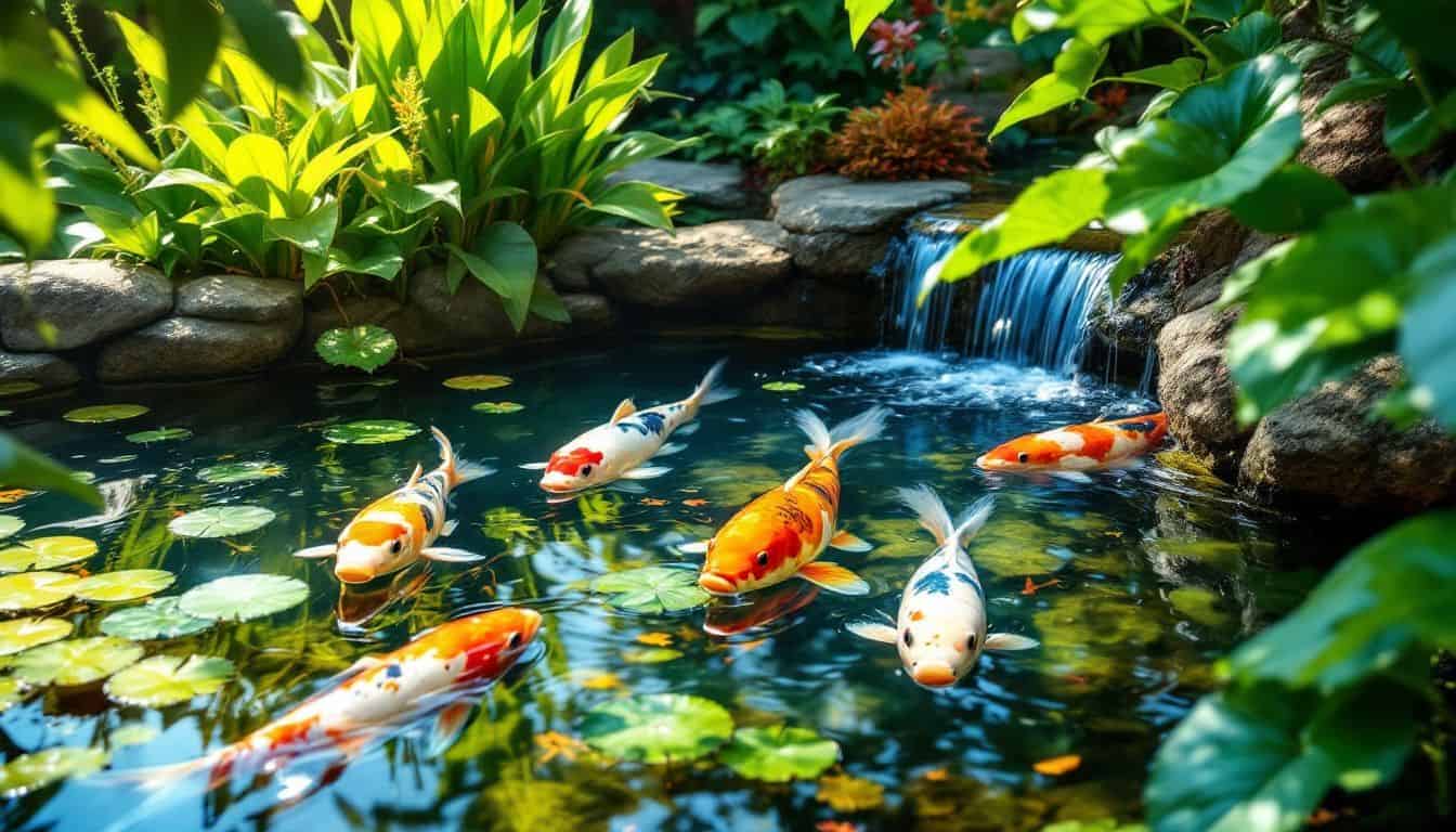 A serene water garden with colorful koi fish and vibrant plants.