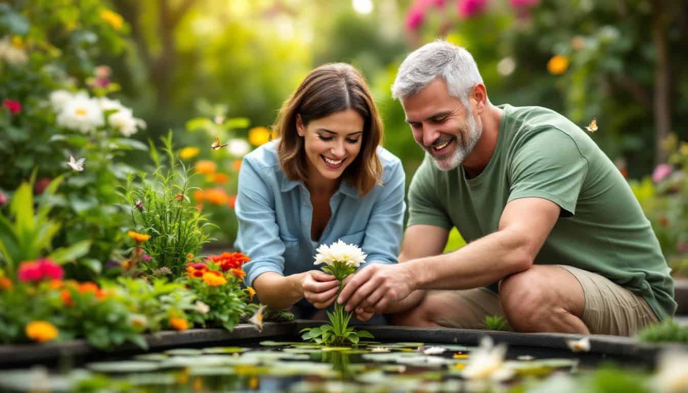 A middle-aged couple happily works together in their water garden.