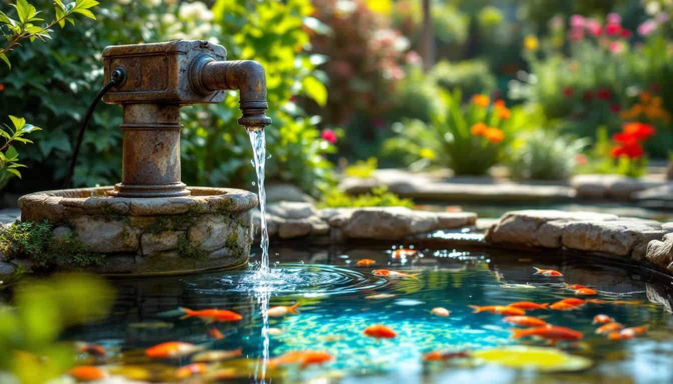 An old water pump in a vibrant garden with a clear pond.