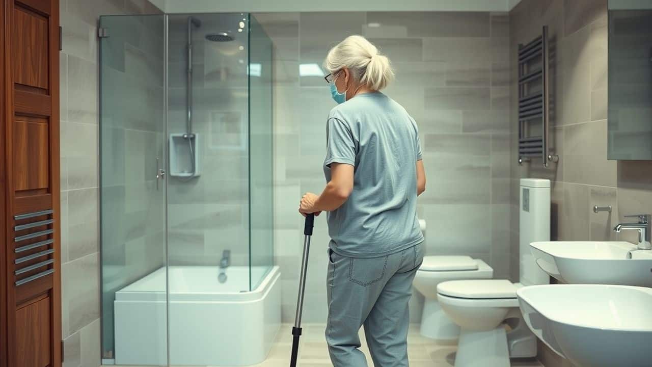 An elderly woman confidently uses a cane in an accessible modern bathroom.