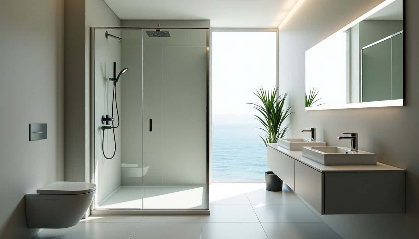 A modern wet room bathroom with minimalist design and natural light.