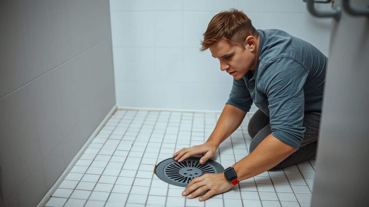 A man in his thirties is installing porcelain tiles in a bathroom.